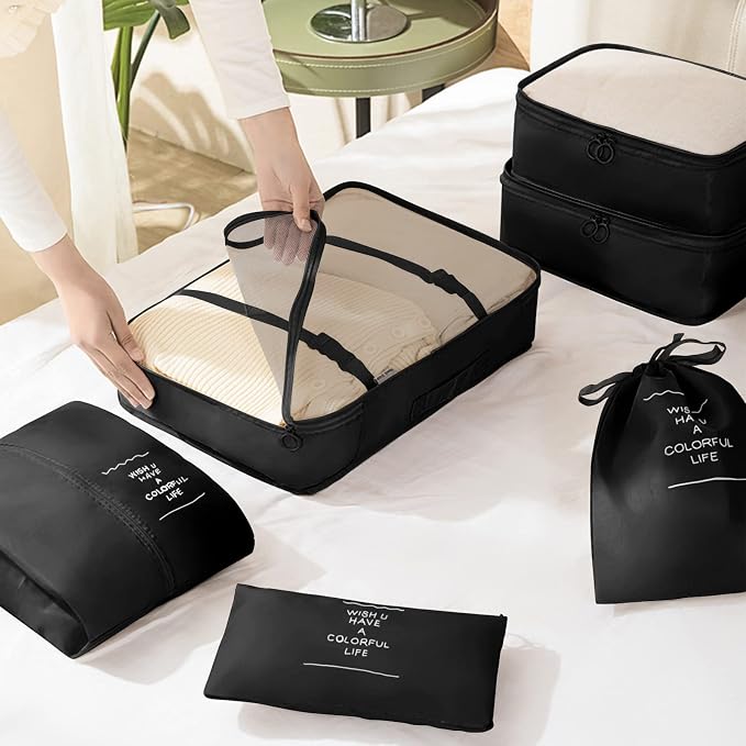 KPX 8 Set Packing Cubes for Travel, Luggage Packing Organizers Accessories Large Toiletries Bag for Clothes Shoes Cosmetics (Black) - Image 6