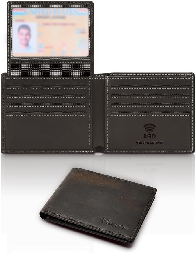Travelambo Genuine Leather Wallet for Men with Gift Box - Handmade Bifold Stylish - Mens Wallets Rfid Blocking with 2 ID Windows by Travelambo