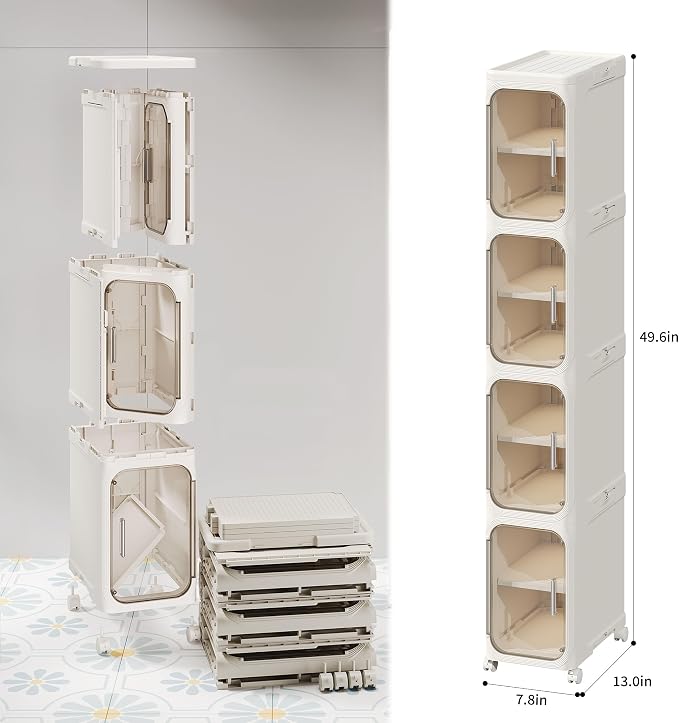 4-Tier Narrow Storage Cabinet Slim Bathroom Tall Skinny Organizer,Beige | Foldable Storage Cabinet with Lockable Rolling Wheels Magnetic Clear Door Adjustable Detachable Shelves For Narrow Space - Image 2