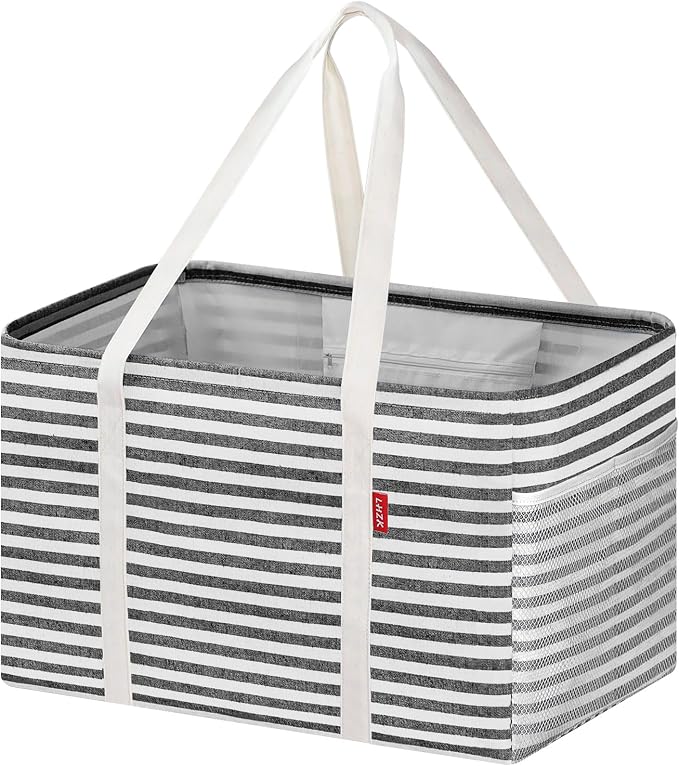 LHZK Standing Utility Tote Bag with Metal Wire Frame and the Sides Rinforced, Large Tote Bag with Handle, Reusable Grocery Bags Foldable, Beach Bag, Car Tote, Black, 18.5''x11.8''x11.5'' | Metal Wire Frame by LHZK