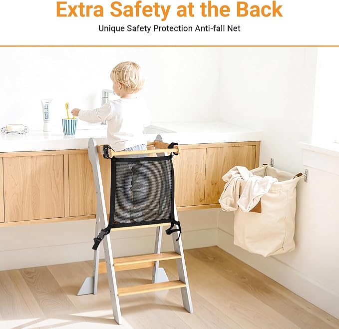 COSYLAND Foldable Toddler Kitchen Stool Helper - Height Adjustable Standing Tower for Bathroom Sink or Kitchen Counter - Step Stool for Toddlers Ages 18 Months to 6 Years White & Natural - Image 7