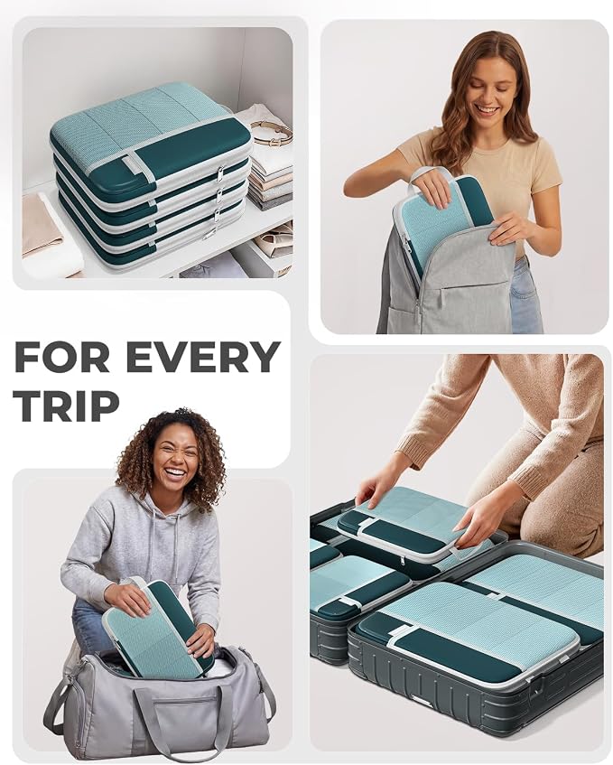 Percover Compression Packing Cubes for Travel, 4-Piece Structured Compression Organizer Set with Label Pockets for Carry-On & Checked Luggage, Peacock Green - Image 6
