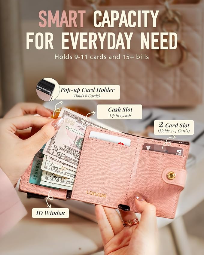 Women Wallet RFID Blocking Wallet for Women, Slim Small Size, Top Grain Leather, Pop up Credit Card Holder, Trifold, Minimalist, Pink Saffiano 9-11 Cards Capacity ID Window Cash Pocket,Gift for Her - Image 6