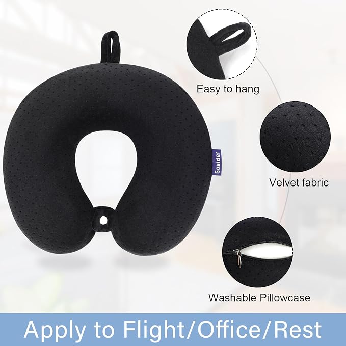 Black Travel Neck Pillow Memory Foam Airplane Pillow for Neck and Head Support Soft Portable U Shape Neck Pillow for Plane, Car & Home Office Use - Image 2