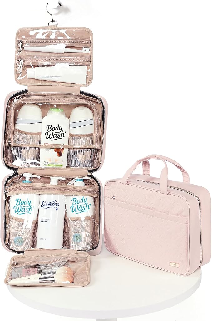 NISHEL Travel Toiletry Bag for women, Portable Hanging Organizer for Family-Sized Shampoo, Conditioner, Brushes Set, Makeup Accessories, Extra Large Size, Pink | for Travel-Sized Shampoo, Conditioner, Brushes Set, makeup Accessories, Extra Large Size, ... - Image 5