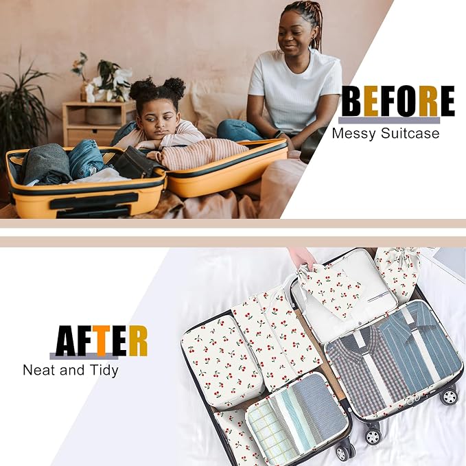 Packing Cubes for Travel - 8 Set Luggage Organizer Bags for Family, Mesh Breathable Packing Cubes for Suitcases Durable Travel Essentials Bags Set (White Cherry) - Image 4