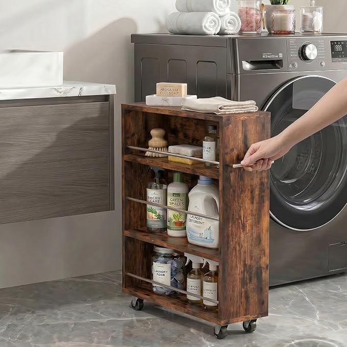 4-Tier Slim Rolling Cart with Wheels, 7.9"W Narrow Storage, Rustic Brown | 4 adjustable MDF shelves (20 lbs each), 360° casters + side handle, Fits kitchen, laundry, bathroom & dorm tight gaps - Image 7