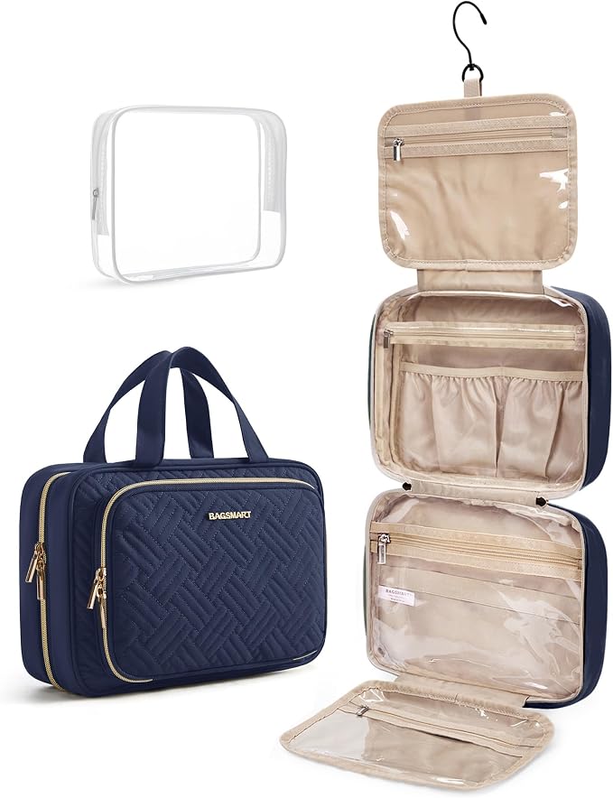 BAGSMART Toiletry Bag Hanging Travel Makeup Organizer with TSA Approved Transparent Cosmetic Bag Makeup Bag for Full Sized Toiletries, Medium-Navy by BAGSMART