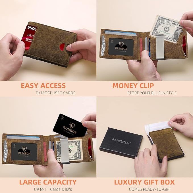 RUNBOX Slim Wallet for Men - RFID Blocking Leather Bifold with Money Clip | Minimalist Front Pocket Wallet Holds 11 Cards,Slim Thin Design,RFID Blocking Protection, Practical Birthday Gifts for Men - Image 2