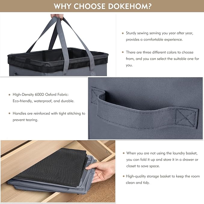 DOKEHOM 90L X-Large Rolling Laundry Basket Hamper on Wheels, Grey | Collapsible clothes hamper with removable mesh wash bag. High-capacity foldable washing bin organizer - Image 4