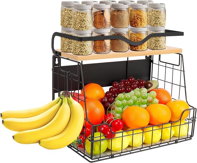 Livabber Magnetic Fridge Organizer Basket with Wood Shelf, Large Fruit Vegetable Storage Bin, Spices Snacks Condiments Rack for Kitchen Pantry, Laundry Room, Office, Magnetic or Wall Mount (Black) by Livabber