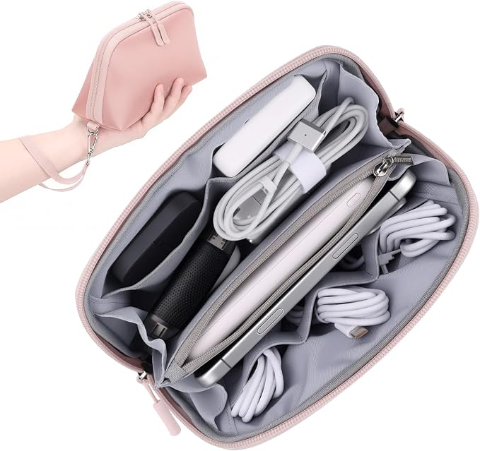 FYY Travel Cable Organizer - 8 Compartments, Lightweight, Water Repellent | With Wrist Strap, Portable Tech Pouch for Cord Charger, Travel and Business Trips Use, Soft Shell Nylon, Pink (Small) by FYY