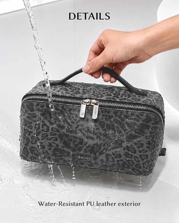 EACHY Travel Makeup Bag for Women, Flat Open Leopard Print Cosmetic Bag | Leopard-print PU leather cosmetic bag opens flat with dividers and clear TPU brush pocket for makeup and travel essentials - Image 3