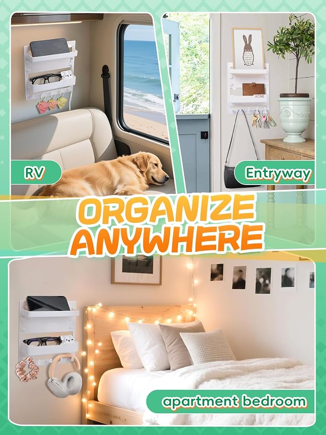 Bedside Wall Organizer Shelf Storage with Cable Clips, Dorm Room Must Haves | No Drill, Bed Floating Nightstand, Remote Control Holder, Key Holder, Preppy Collage Dorm Room Decor Essentials - Image 6