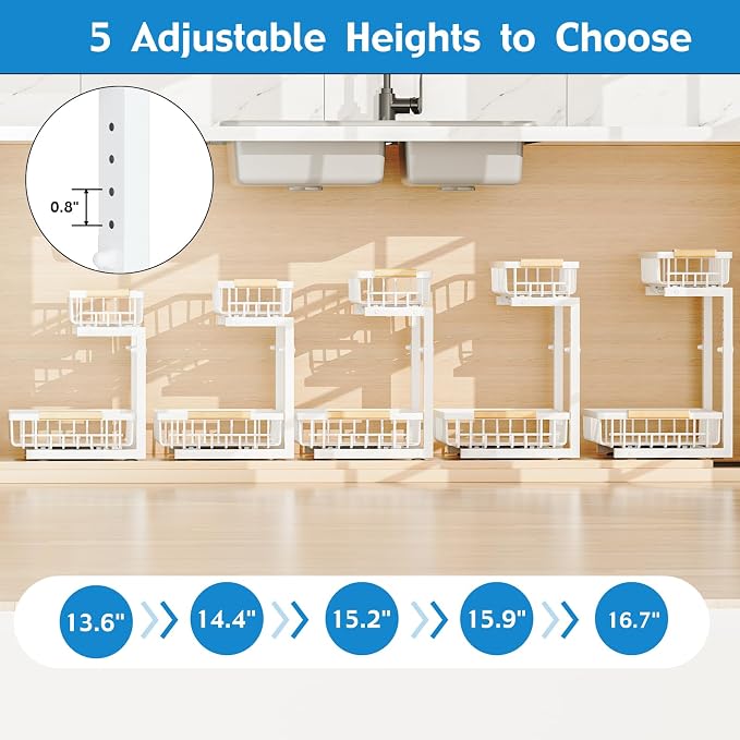 2Pcs Under Sink Organizer, Adjustable Under Sink Organizers and Storage, 2-Tier Pull Out Under Kitchen Sink Organizer, Sliding Out Metal Under Bathroom Sink Organizer for Kitchen Pantry White - Image 3