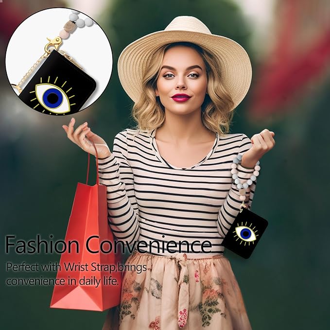 Blusabaca RFID Credit Card Holder Small Women Travel Wallet, Evil Eye | Removable Keychain, Case with Zipper, Vegan PU Leather, Cash Coin Pocket, Business Accordion Purse, Ladies Female Gift - Image 2