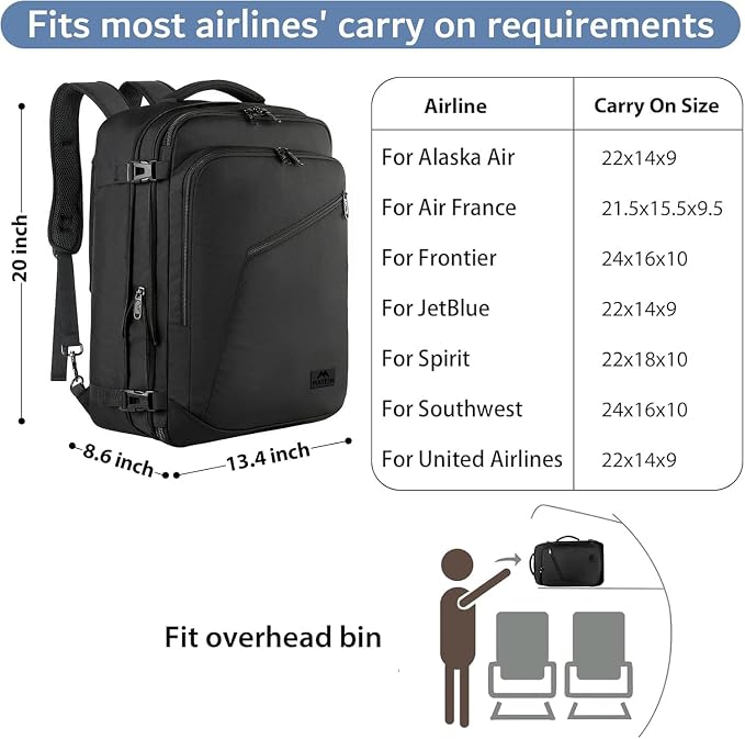 MATEIN 45L Travel Backpack, Expandable Large Carryon Backpack for Men Women | Airline Aprroved, Fits Overhead Bin, Lightweight Weekender Backpack, Water Resistant, Anti Theft, Gifts for Traveler, Black - Image 2