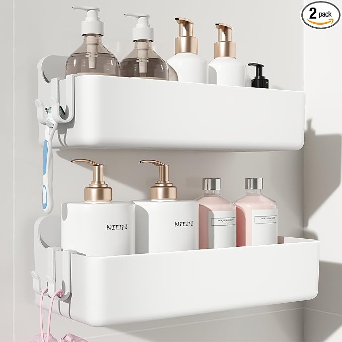 Nieifi Adhesive Shower Shelves, White, 2 Pieces | Rustproof ABS, Large Capacity, Removable Design, No Drilling Shower Organizer for Bathroom Storage & Home Decor by Nieifi