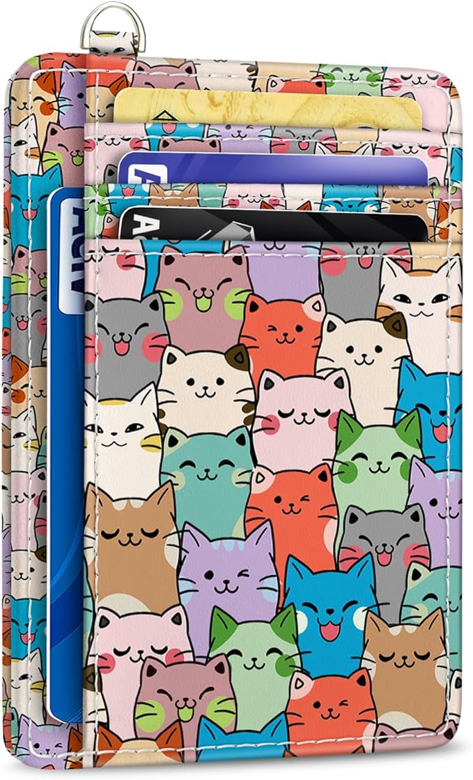 Yonlevres Cat Credit Card Holder Slim RFID Wallet Women Small Travel Cute | Front Pocket, Handy, RFID Blocking, Woman Girls Ladies Gifts, D-ring for Keychain,Thin Mini Card Case, ID Window, PU Leather by Yonlevres