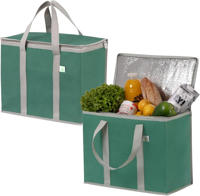 VENO 2 Pack Cooler Bag Insulated Grocery Bags for Food Delivery Heavy Duty | Large Collapsible Cooler, Reusable Shopping Tote with Zippers, Foldable, Stands Upright, for Picnic Camping (Green, 2 Pack) by Veno