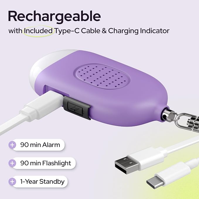 Weten Rechargeable Personal Alarm Keychain - 130dB Siren & LED Light - Stylish Personal Safety Alert for Women to Carry - Panic Button Alarm for Security - Rape Whistle for Self Defense (Purple) | LED Light, Stylish Safety Alert for Women to Carry, Pan... - Image 4