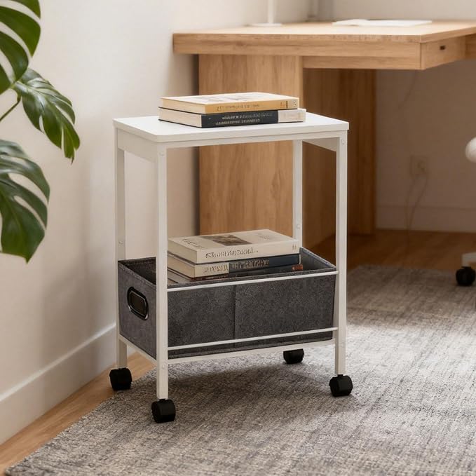 Slim Rolling Side Table with Basket, Narrow Storage Cart on Wheels for Sofa | Rolling side table with basket for living room, bedroom | Holds lamp, plants | Wood-metal shelf | Nightstand, printer stand - Image 5