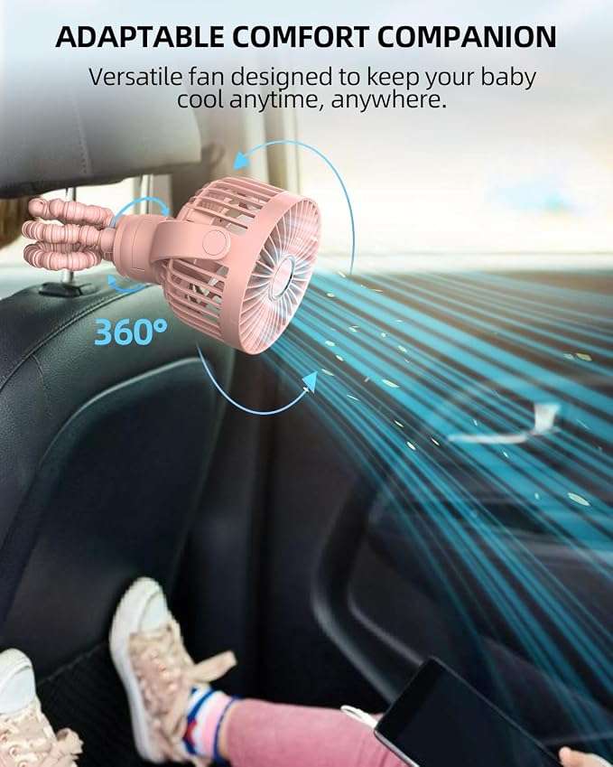 Portable Stroller Mini Fan, Small Rechargeable Personal Fan, Travel Essentials for Baby, Wagon, Car Seat, Treadmill, Battery Powered Biking Gear Accessories, 360° Rotation, 3-Speed, Display, Pink - Image 5