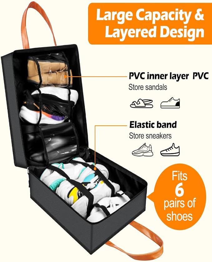 Yotako Shoe Bag for Travel with Leathers Handle Grey | Shoe Organizer with Pockets,3 in 1 Hanging Luggage Shoe Storage Bag,Travel Shoe Bag for Women Men Fit 6 PCS Shoes - Image 3