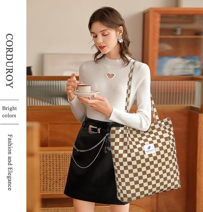 LHMTQVK Corduroy Tote Bags for Women, Large Capacity Tote Purse Reusable Grocery Shoulder Bag with Inner Pockets - Image 2