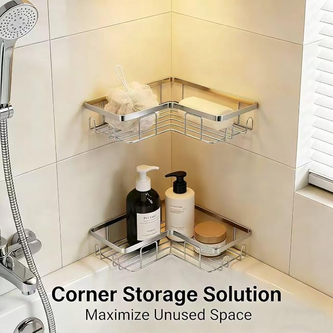 Shower Caddy 2 Pack, Stainless Steel No Drilling Adhesive Bathroom Organizer Shelf Rack, Corner Shower Shelf with Hooks for Home Decor & Storage - Image 6
