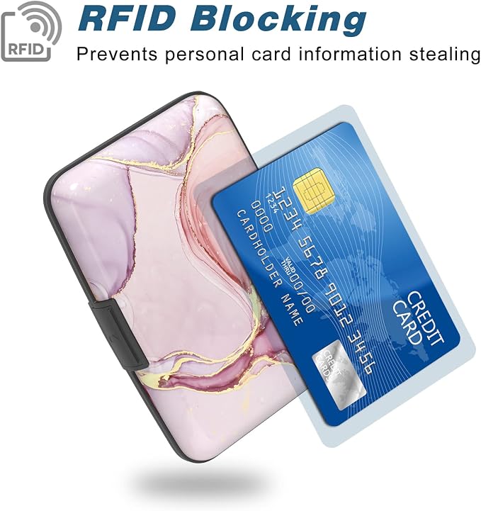 Credit Card Holder, Mini Aluminum Card Wallet RFID Blocking Slim Metal Hard Card Case for Women Men, Pink Marble - Image 2