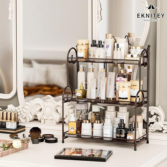 EKNITEY Bathroom Organizer Shelf Countertop - 3 Tier Spice Rack No Assembly | Kitchen Counter Organizer, for Skincare Makeup Vanity, Sturdy Metal Frame, Easy to Clean, Space-saving, Foldable, Brown - Image 2