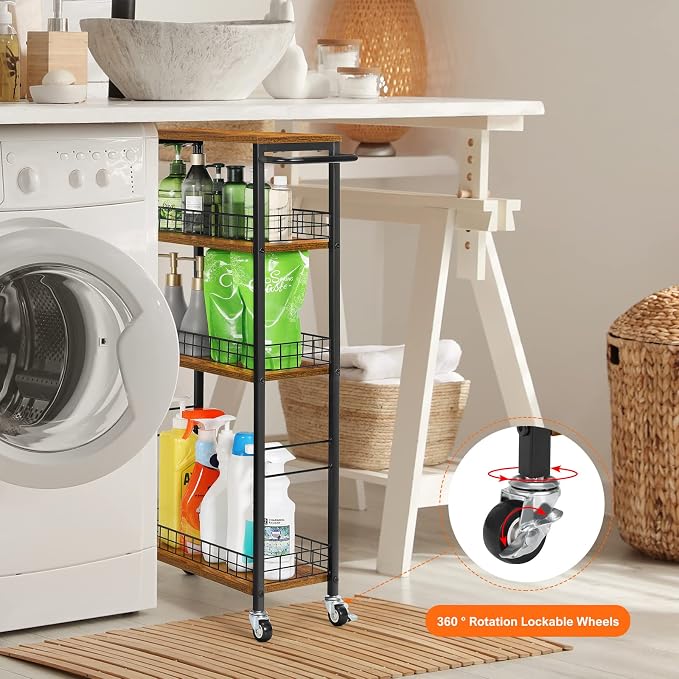 YBING Slim Storage Cart 4 Tier Narrow Kitchen Rolling Cart | Wooden Tabletop, Mobile Utility Stand on Wheels, For Bathroom Laundry Narrow Places, Rustic Brown 16.5"L x 7.3"W x 34.6"H - Image 4