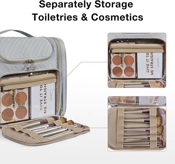 BAGSMART Toiletry Bag for Women, Travel Toiletry Bag, Water-resistant Cosmetic Makeup Bag, Large Capacity Travel Organizer for Full Sized Toiletries and Cosmetics, Grey | Cosmetic Makeup Bag, Door Room Essentials Travel Organizer for Full Sized Toiletr... - Image 3