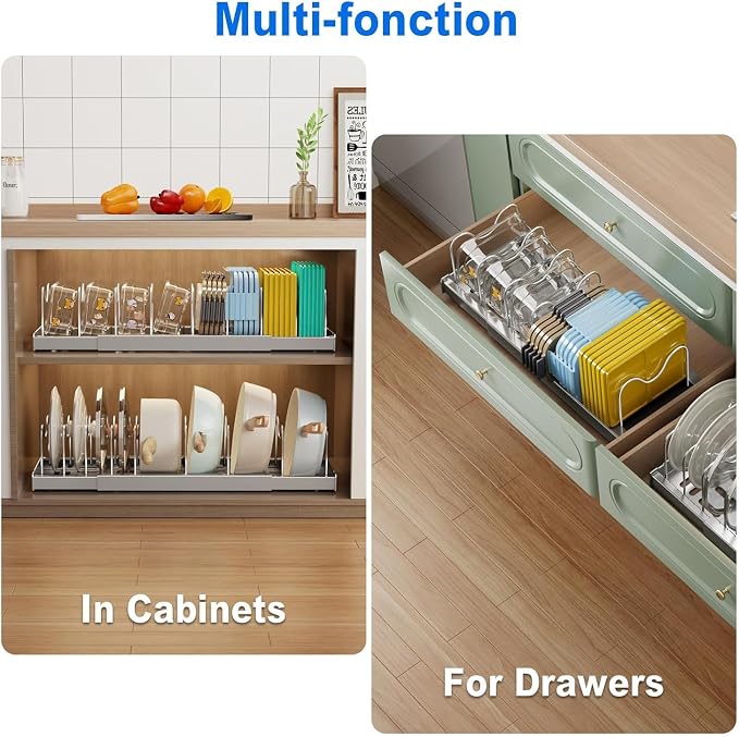 Mustorn Pots and Pans Organizer Under Cabinet, 22" Expandable Food Storage Container Lid Organizers with 9 Adjustable Dividers Pot and Pan Lid Holders Rack Inside Cabinet/Countertop(1 Pack, Gray) - Image 5
