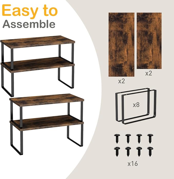 OGEMXU Cabinet Shelf Organizers, 15.7 inches Large Kitchen Counter Shelf, Set of 4 Wood Kitchen Pantry Organizer, Storage Shelves for Countertop, Spice Rack, Stackable, Expandable, Metal Black, Brown - Image 7