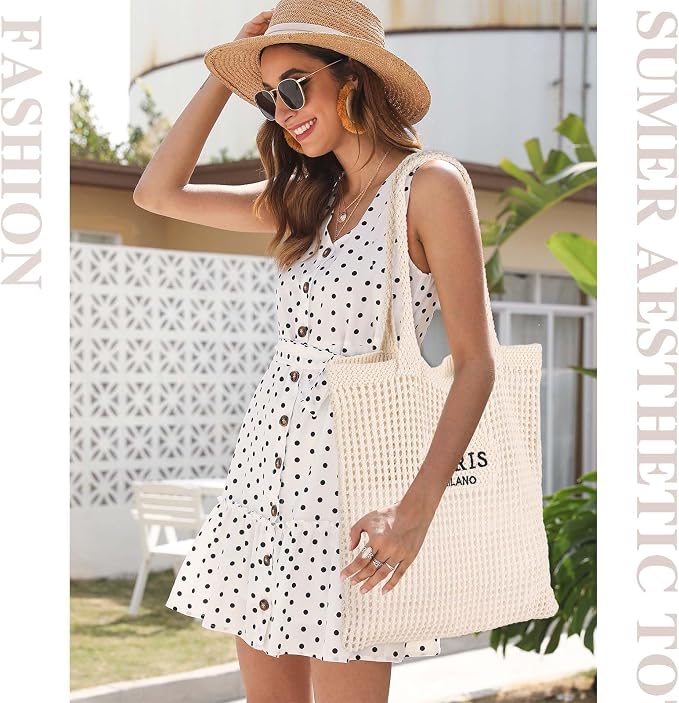 Sightor Crochet Tote Bag, Mesh Beach Bag Knit Summer Hobo Bag for Women | Beach Tote bag Vacation Outfits Aesthetic Boho Bag - Image 3