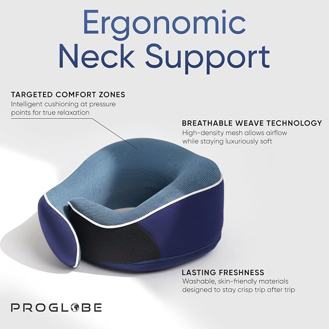 Travel Pillow, Orthopedic Memory Foam Airplane Neck Pillow, Blue | 360 Head Support Travel Set with 3D Contoured Eye Masks, Earplugs and Luxury Mesh Bag, Updated Soft Resting Material - Image 3