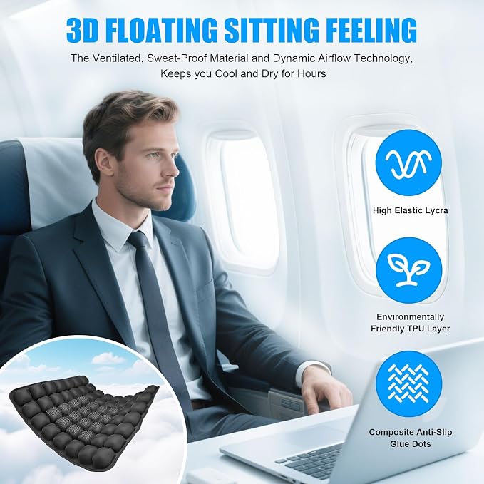 56 3D Air Cell Seat Cushion, Inflatable Travel Seat Cushion for Airplane,Office Chair, Wheelchair, Cars, Home Living, Comfortable Pressure Relief Tailbone Pain Relief (Black1, 16"x18") - Image 4
