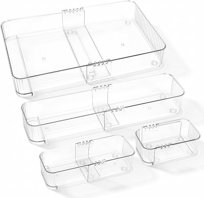 Expandable Drawer Organizer Set, Clear Adjustable Drawer Dividers, 4-Piece Storage Trays for Kitchen, Bathroom, Makeup, Office, Durable PET Material by Unknown