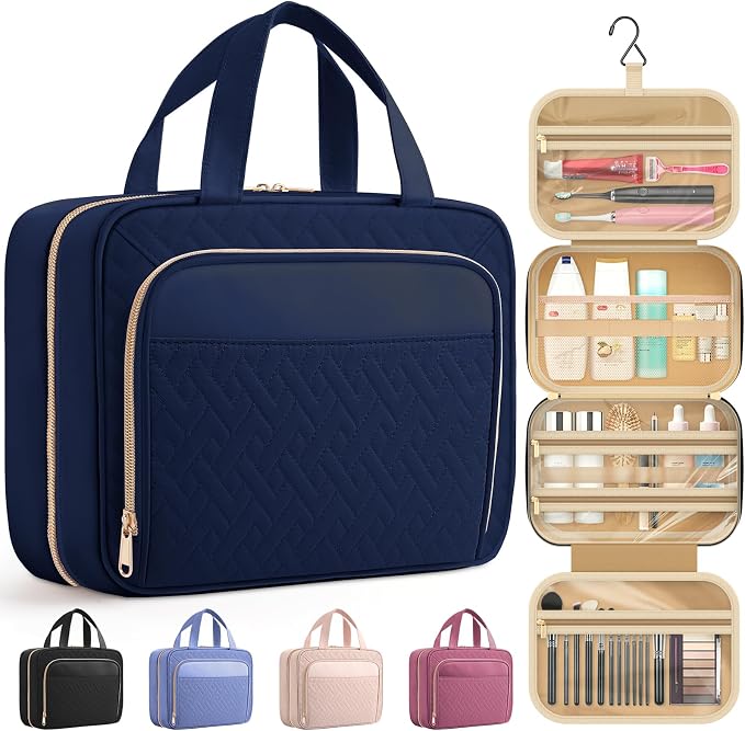 HOTOR Hanging Travel Toiletry Bag Women Men, Dark Blue, Medium | Waterproof Makeup Bag Hanging Hook,Multiple Pockets,Travel Essentials,11.2 x 3.2 x 8.9inches by HOTOR