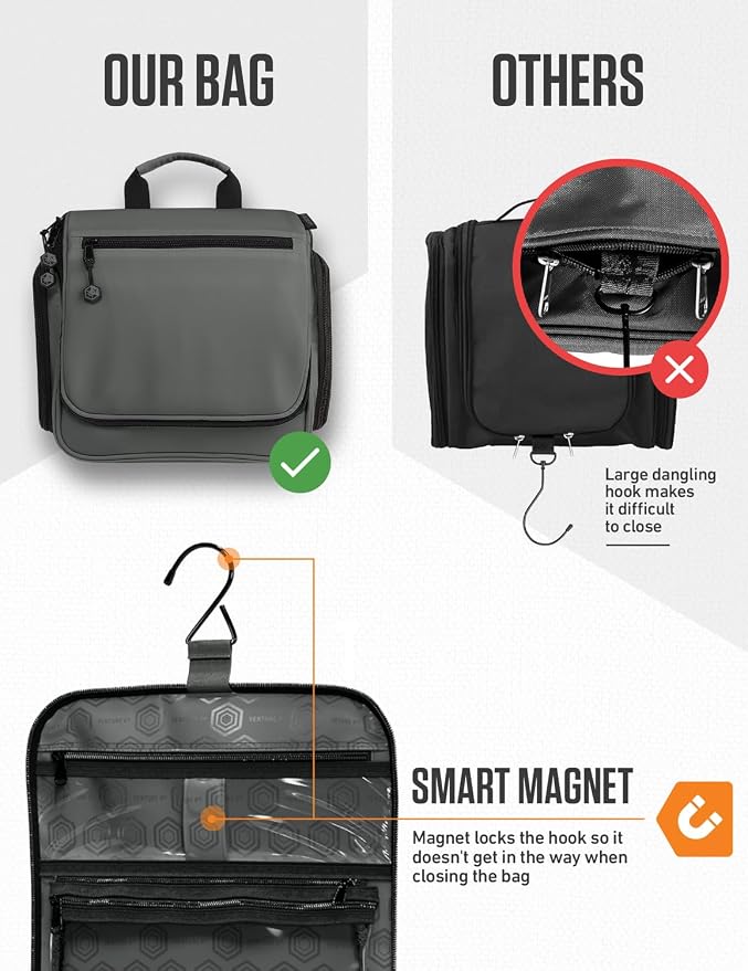 VENTURE 4TH Hanging Travel Toiletry Bag, 18 Compartments - Shadow Gray | Hangs on rails, hooks or doors; stands upright. Removable TSA pouch. Water-resistant Nylon 290D Twill, reinforced stitching. - Image 6