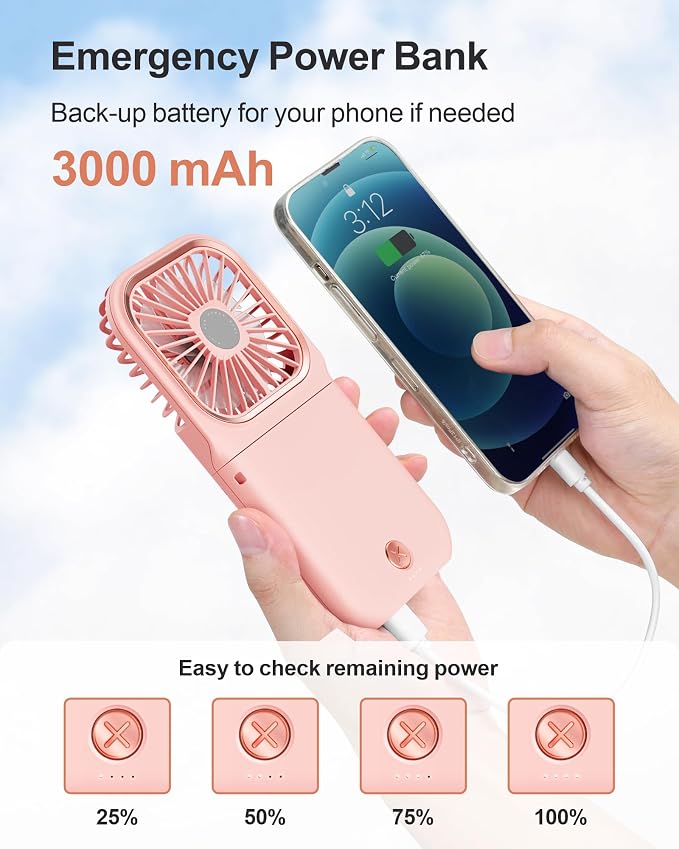 F-color Portable Handheld Fan - Small Hanging Neck Fan Travel Use, Pink | Foldable Handle, Rechargeable Airflow Helps Cool Commutes, Beach Days, Desk Time, Outdoor Lines, Travel and Summer Walks - Image 4