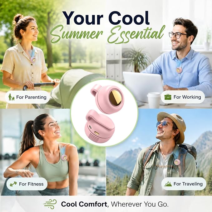 Portable Clip-on Fan Silent Bladeless Mini Fan | 360°Rotation 3-speed Modes Whirlwind Waist Clips Fans Hands-Free Cooling Fan Outdoor Trip Work Travel White-Pink 2 Pack - Image 7