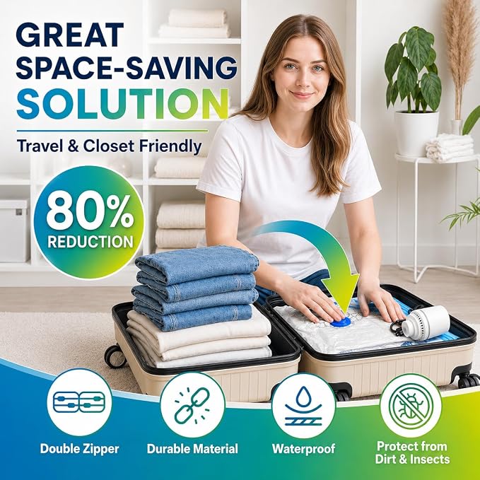 Vacuum Storage Bags,30Pack Vacuum Seal Bags with Electric Air Pump,Vacuumm Seal Bag for Clothing,Travel,Clothes,Comforters,Blankets,Pillows-6 Jumbo+6 Large+6 Medium+6 Small+6 Roll Up Space Saving Bag - Image 3