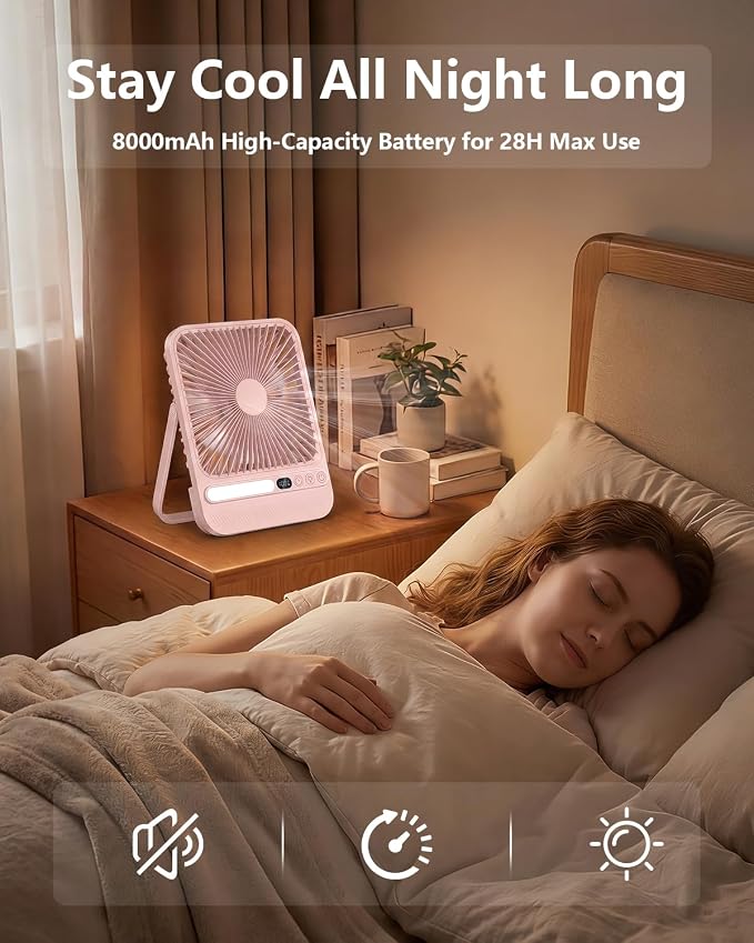 8000mAh Pink Portable Travel Fan with Timer&Ligh,Up to 28H Runtime | 7in,Ultra-Thin,LED Display,<42dB Quiet Operation,cruise approved,4 Speeds Wind,Rechargeable Battery Fan for hotel office - Image 6