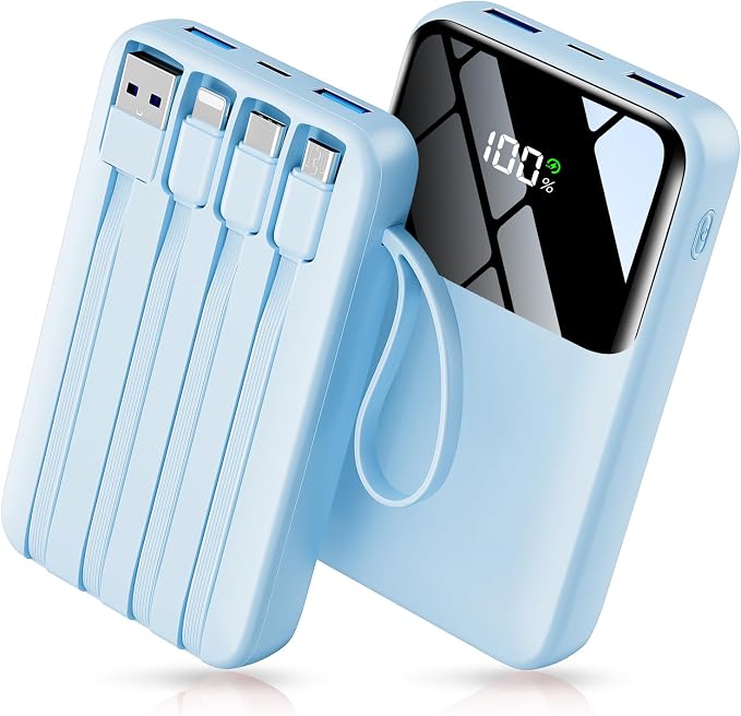 15000mAh Portable Charger Power Bank, Smaller Built-in 4 Cables SkyBlue | 22.5W 50% More Capacity, 45% Smaller, Slim Travel Essential Battery Pack, 30-Min Fast Charge to 50% for iPhone/Samsung by Unknown