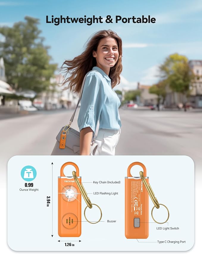 TECKNET Rechargeable Personal Safety Alarm for Women, 130dB Self Defense Keychain Alarm with SOS Strobe Light, Low Battery Notice, Loud Siren Safety Keychain for Girls Kids Elderly - Orange - Image 5