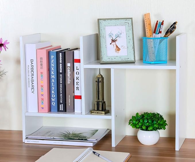 Adjustable Desktop Shelf Wood Small Bookshelf Desk Supplies Organizers and Accessories Storage Display Rack Office Decor, White - Image 2