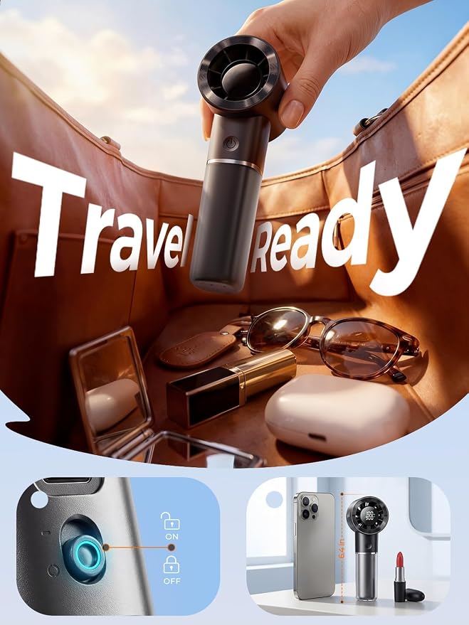 Handheld Portable Fan, 6-Speed Rechargeable Powerful Mini Fan | 5000mAh Battery Up to 15 Hours Runtime, Smart LED Display, Pocket Turbo Personal Fan for Travel, Camping, Makeup - Image 4